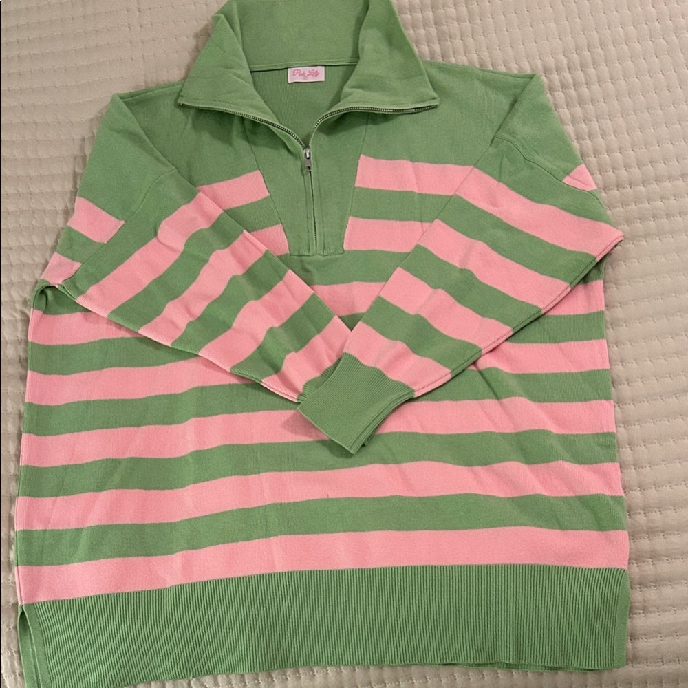 Pink Lily Pink and Green Striped Quarter-Zip Sweater
